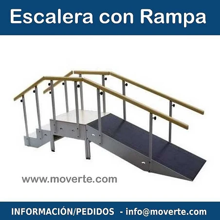 Escalera con rampa metálica tres escalones con pasamanos regulable en altura completa