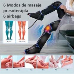 Presoterapia doméstica con 6 modos de masaje y airbags para mejorar circulación en piernas.