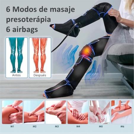 Presoterapia doméstica con 6 modos de masaje y airbags para mejorar circulación en piernas.