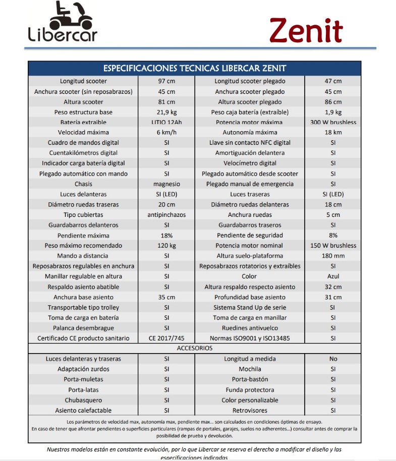 Características técnicas del scooter eléctrico plegable Zenit Libercar